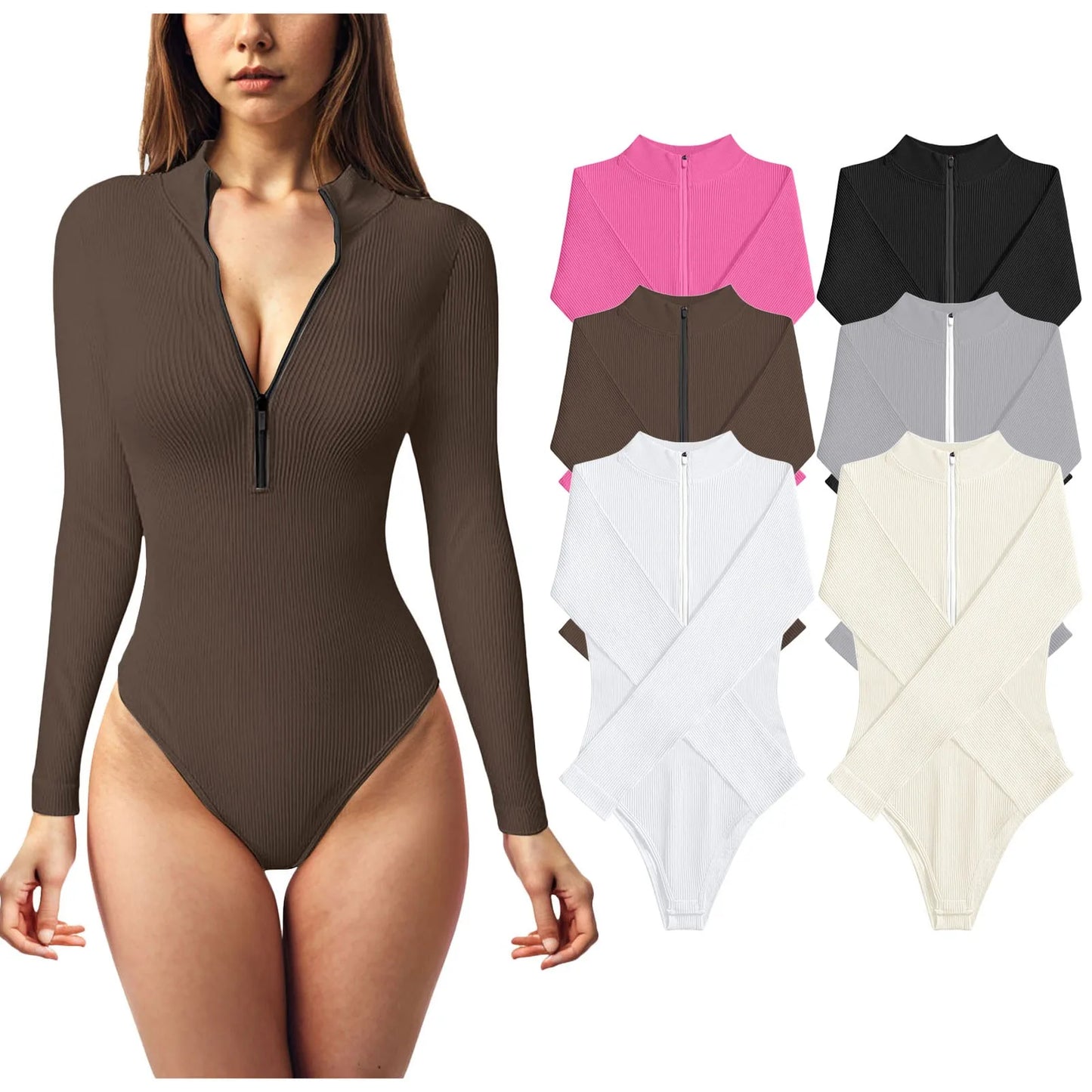 Women Ribbed One-Piece Bodysuits Half Zip Up