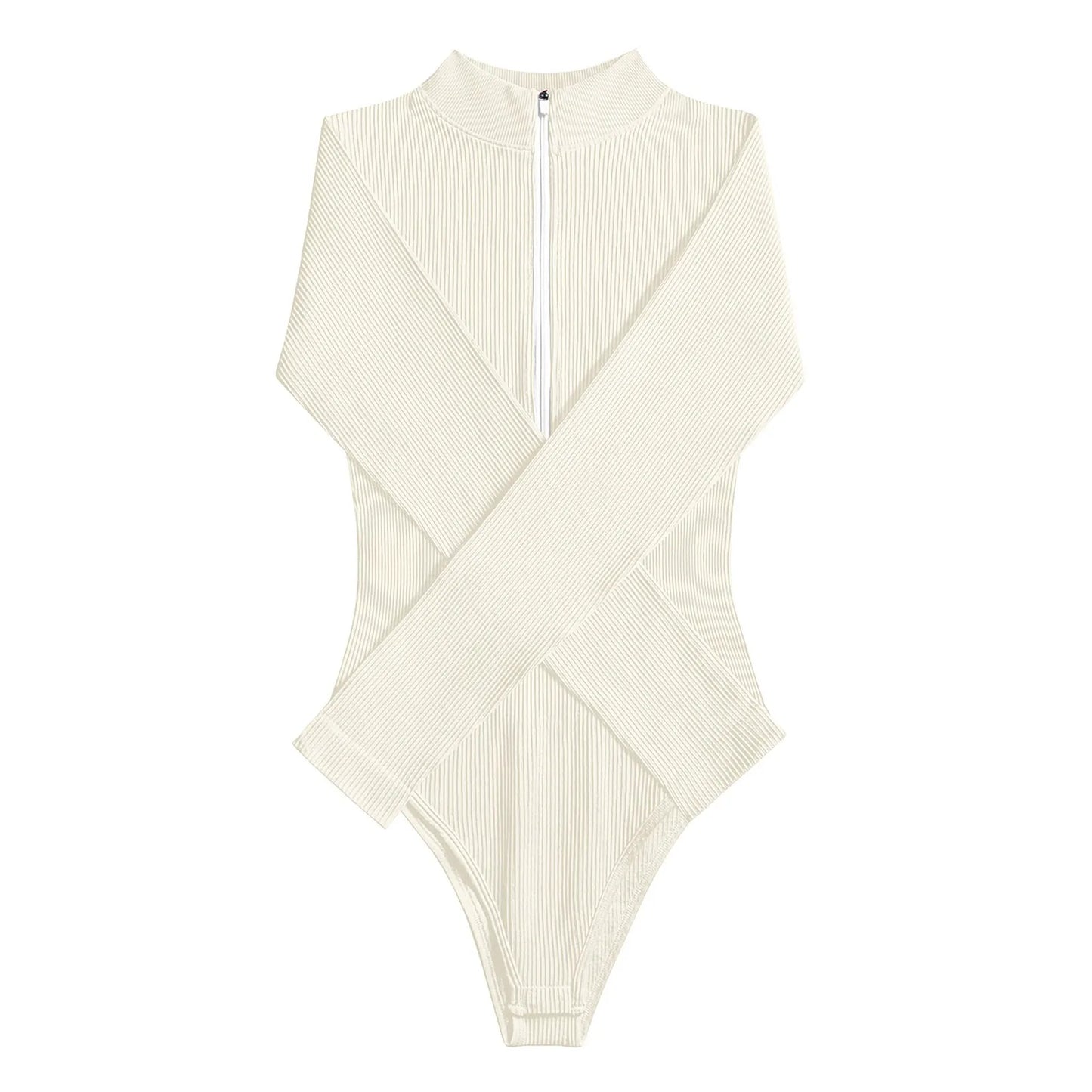 Women Ribbed One-Piece Bodysuits Half Zip Up